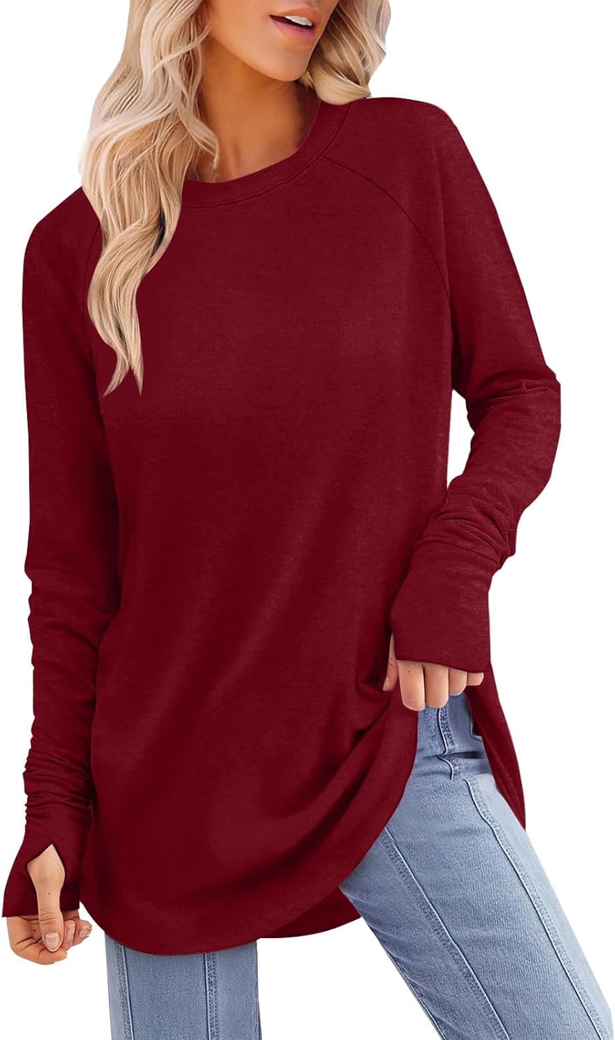 Womens Tunic Tops to Wear with Leggings Long Sleeve Thumb Hole Shirts Crew Neck Curved Hem Fall Winter Clothes