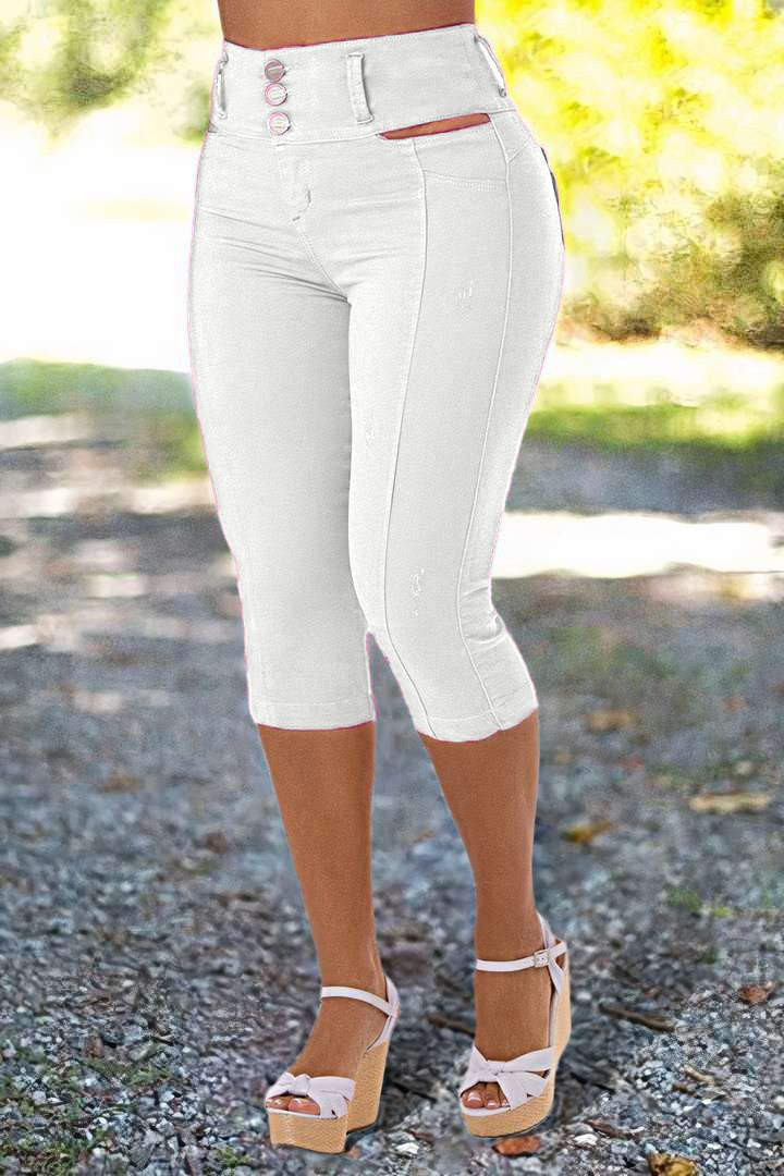Solid Cut Out Waist Skinny High Waist Capri Jeans