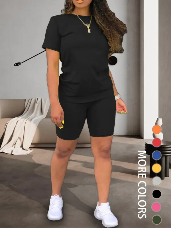 Two-piece Set Women's Plain Shorts Set. Comfort Round Neck Shortsleeve Tee & Skinny Shorts, Summer Clothes Women, Back To School Outfits, Workout Set, Fitted Casual Summer Clothes for Outdoor, Tomboy Femme Outfits, Workout Sets Women. Womenswear