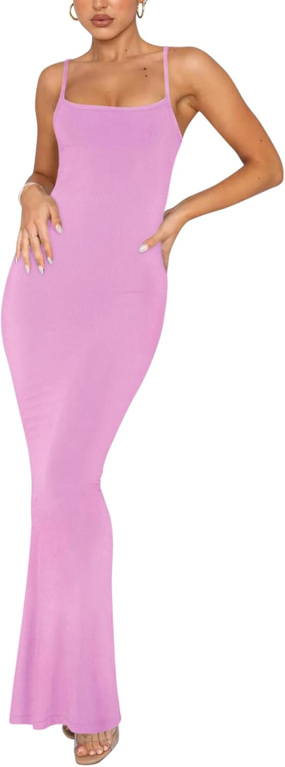 Women's Basic Sexy Lounge Slip Long Dress Elegant Sleeveless Backless Ribbed Bodycon Maxi Dresses