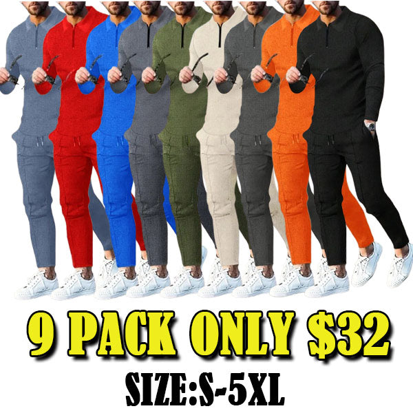 Men's Solid Textured Long Sleeve Polo Shirt & Drawstring Waist Pants Matching Sets