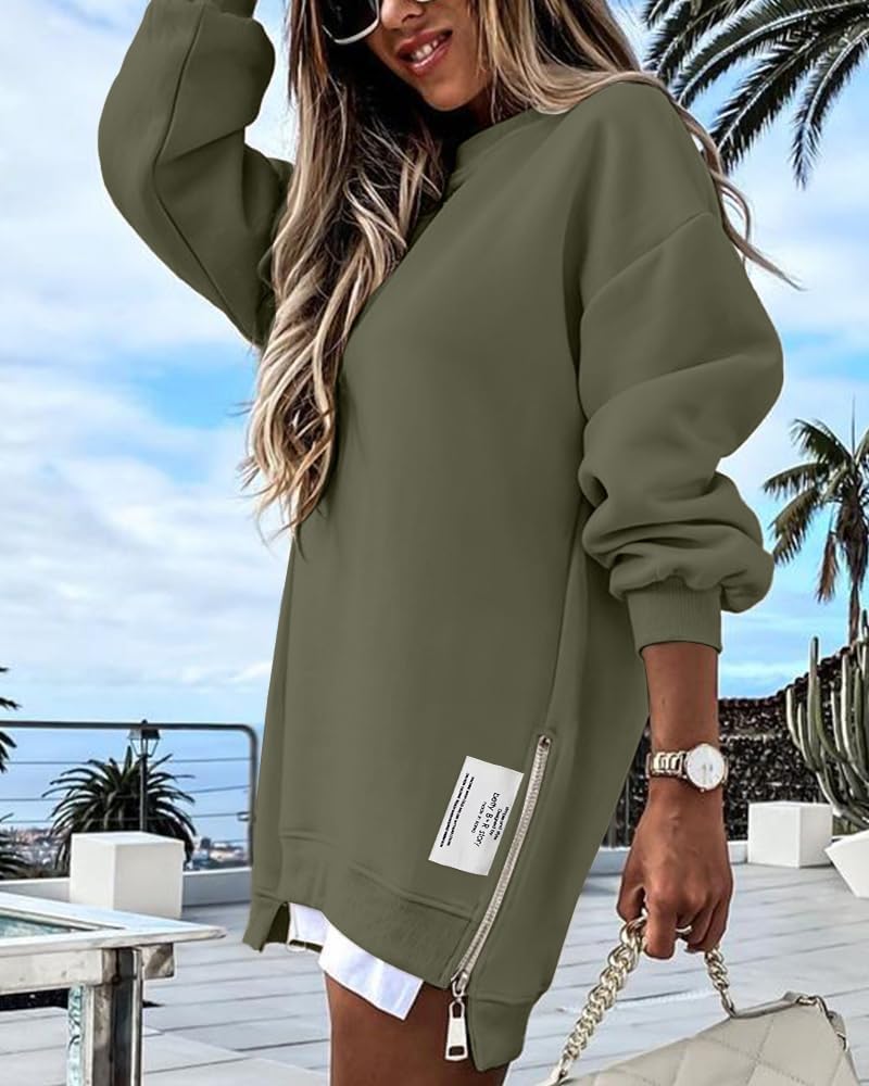 Womens Long Sleeve Zipper Slit Oversized Sweatshirt 2025 Casual Pullover Zipper Hoodies Fall Clothes