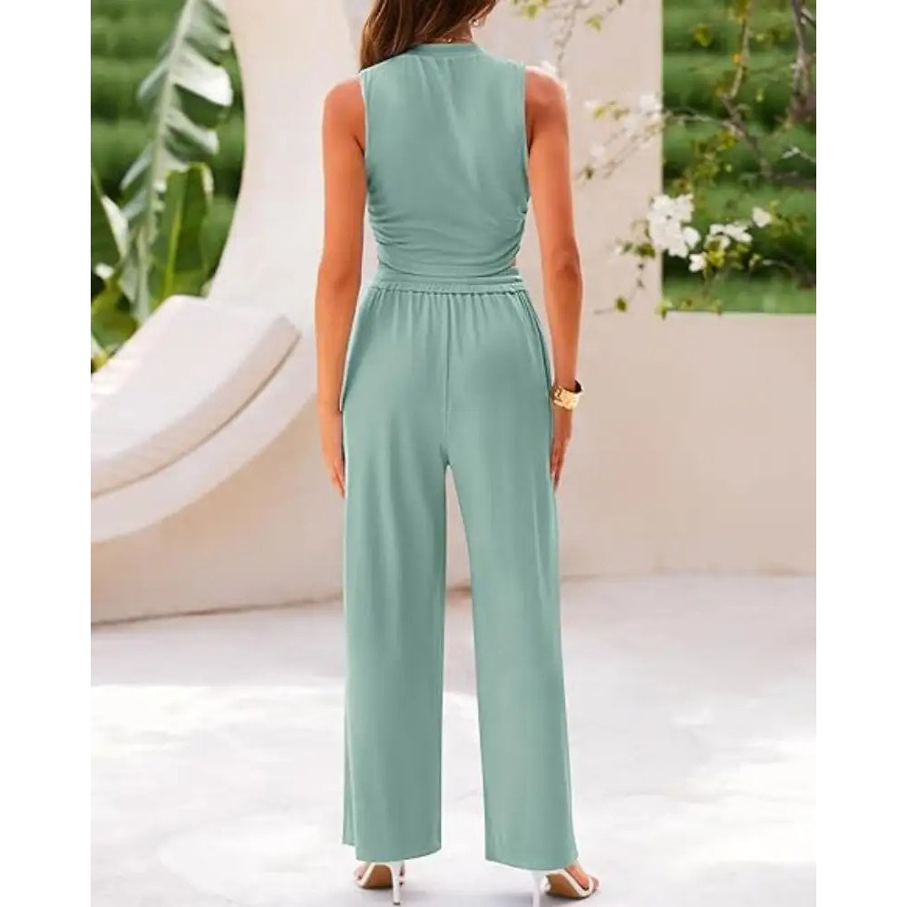 Women's Summer 2-Piece Outfits - Ribbed Knit Crew Neck Sleeveless Cropped Top & Wide Leg Pants Lounge Set
