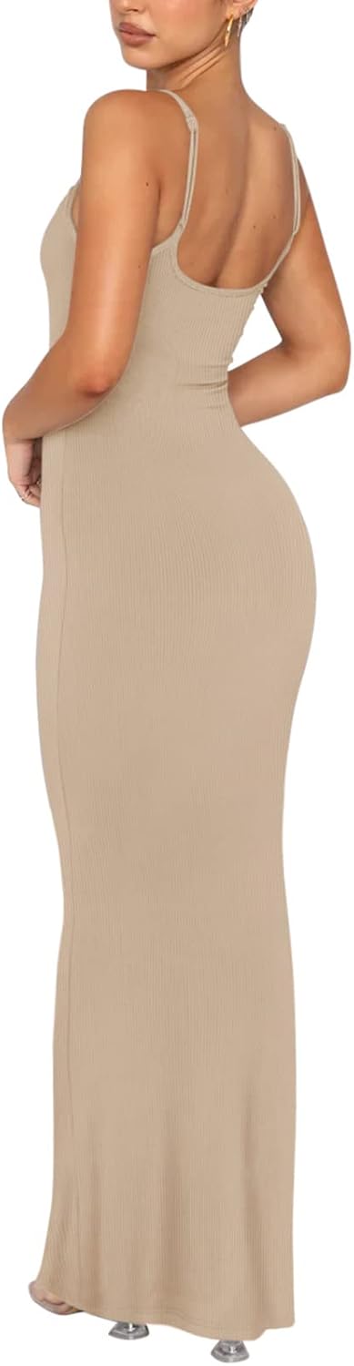 Women's Basic Sexy Lounge Slip Long Dress Elegant Sleeveless Backless Ribbed Bodycon Maxi Dresses