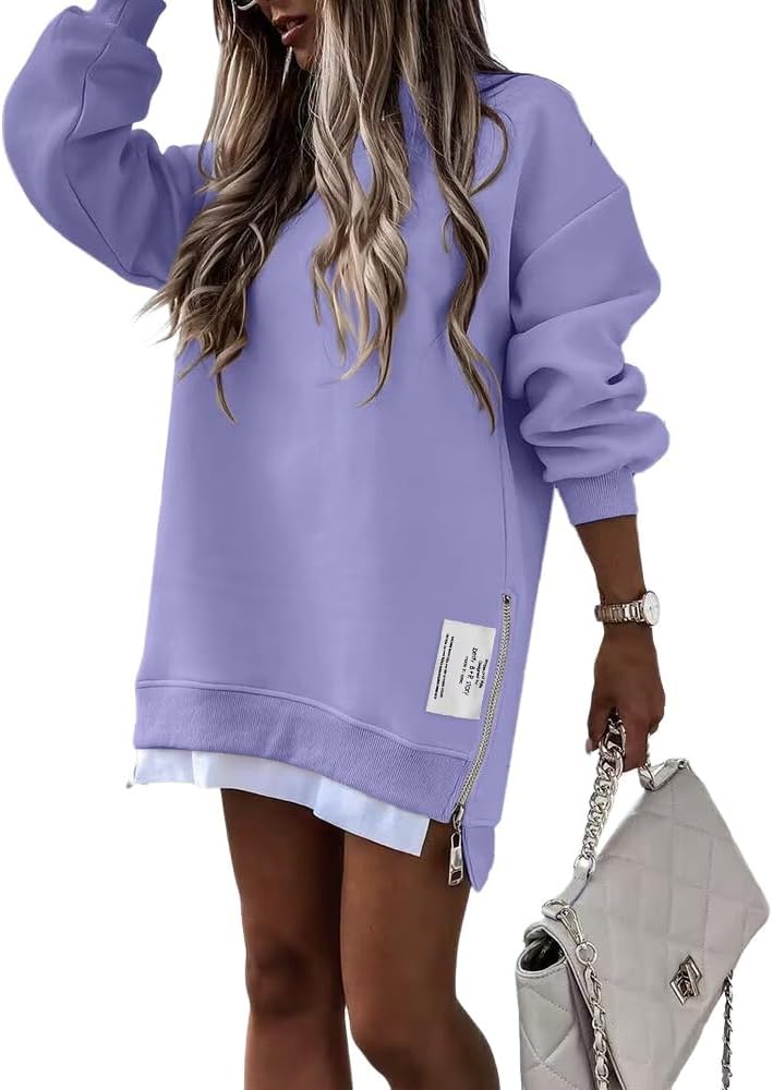 Womens Long Sleeve Zipper Slit Oversized Sweatshirt 2025 Casual Pullover Zipper Hoodies Fall Clothes