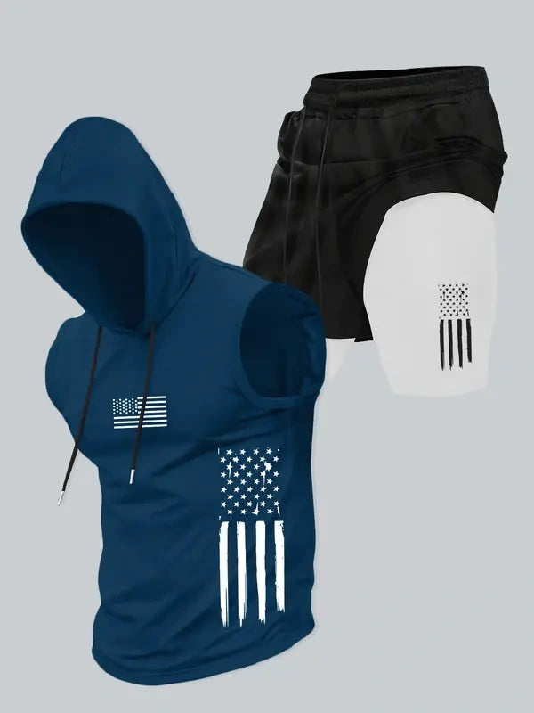 Season promotion--Two-piece Set Men's American Flag Print Hooded Tank Top & Shorts Set