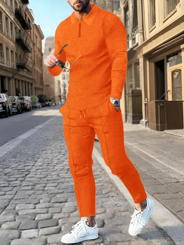 Men's Solid Textured Long Sleeve Polo Shirt & Drawstring Waist Pants Matching Sets