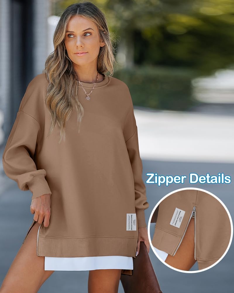 Womens Long Sleeve Zipper Slit Oversized Sweatshirt 2025 Casual Pullover Zipper Hoodies Fall Clothes