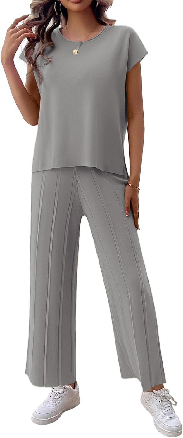 Womens 2 Pieces Lounge Sets Knit Sweater Sets Casual Cap Sleeve Tops with Wide Leg Pants Tracksuits