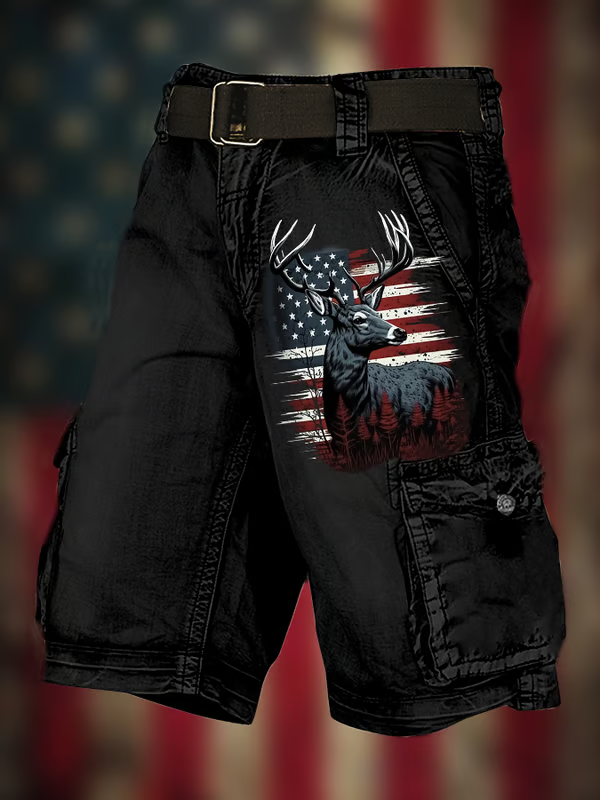 Men's Vintage Flag Independence Day Multi-Pocket Print Cargo Shorts (Belt Included)