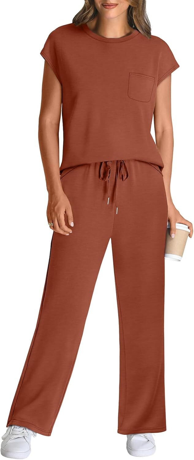 🔥 Hot selling model-2 Piece Sets for Women Casual Summer Travel Vacation Outfits Cap Sleeve Lounge Set