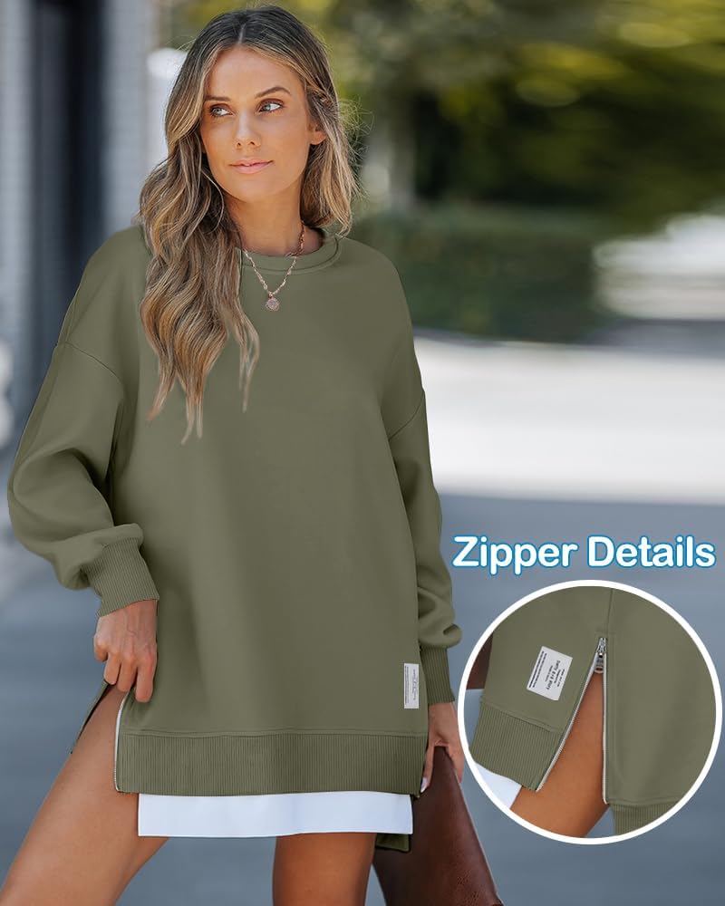 Womens Long Sleeve Zipper Slit Oversized Sweatshirt 2025 Casual Pullover Zipper Hoodies Fall Clothes