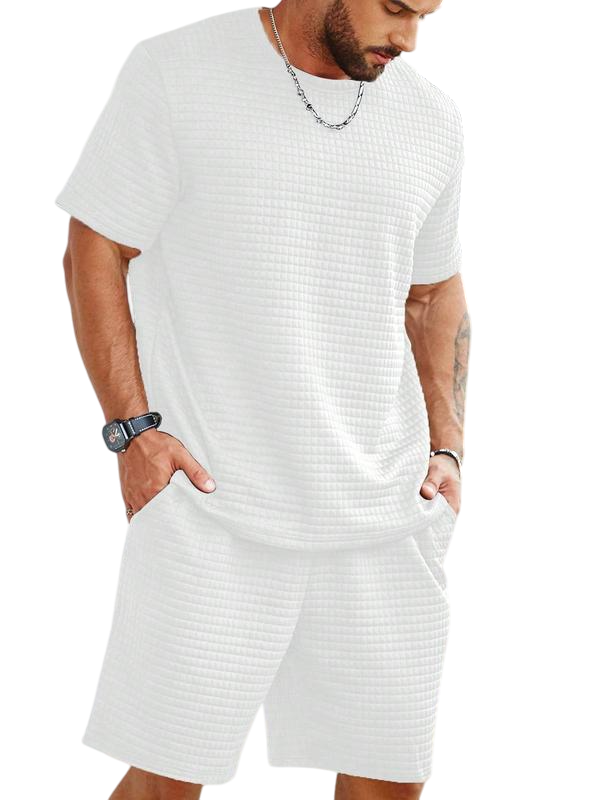 Two-Piece Set Men's Solid Waffle Knit Short Sleeve Tee & Pocket Shorts Set