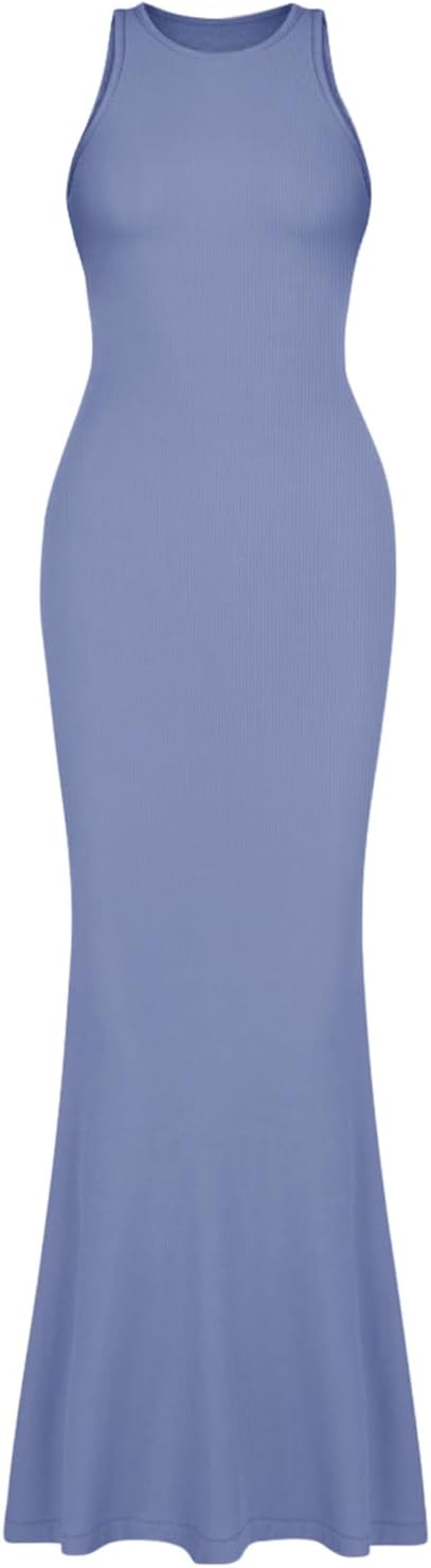 Women's Basic Sexy Lounge Slip Long Dress Elegant Sleeveless Backless Ribbed Bodycon Maxi Dresses