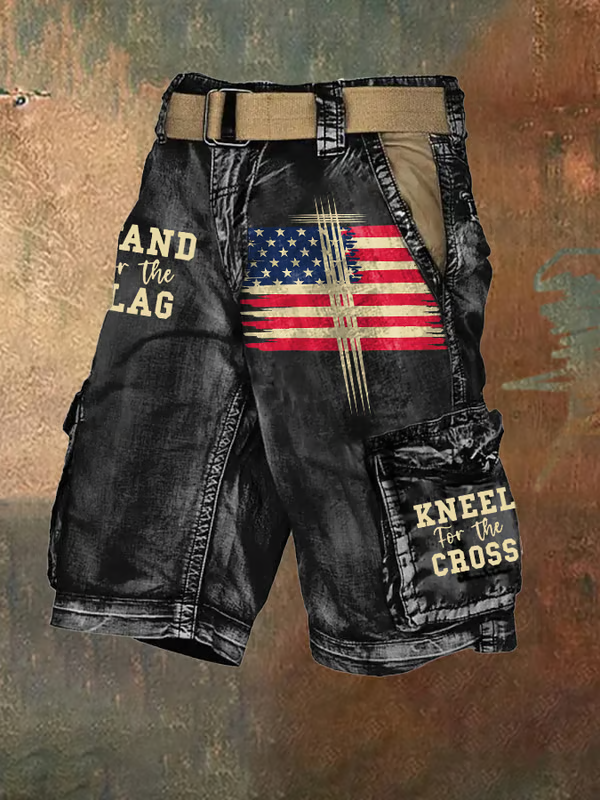 Men's Vintage Flag Independence Day Multi-Pocket Print Cargo Shorts (Belt Included)
