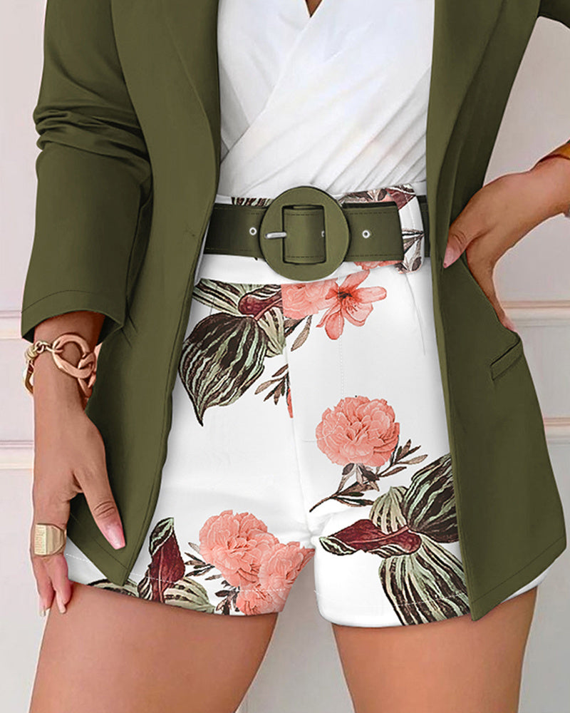 2 Pieces Outfits Notched Collar Long Sleeve Blazer & Floral Print Shorts Set With Belt