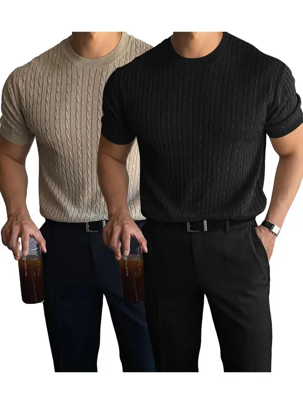 Summer Clothes Men's Plain Round Neck Cable Knit Shortsleeve Top, Slim Casual Crew Neck Knitwear for Spring & Summer, Menswear for Daily Wear, National Day Clothing