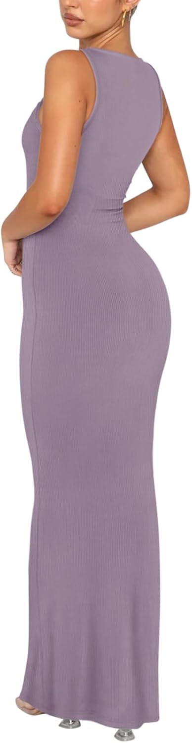 Women's Basic Sexy Lounge Slip Long Dress Elegant Sleeveless Backless Ribbed Bodycon Maxi Dresses