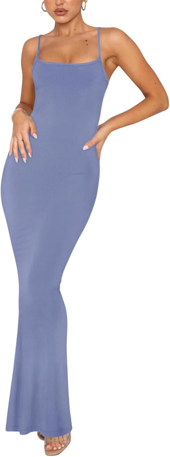 Women's Basic Sexy Lounge Slip Long Dress Elegant Sleeveless Backless Ribbed Bodycon Maxi Dresses