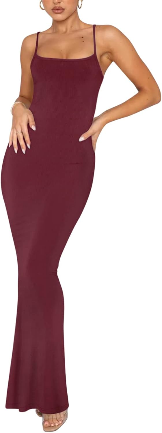 Women's Basic Sexy Lounge Slip Long Dress Elegant Sleeveless Backless Ribbed Bodycon Maxi Dresses
