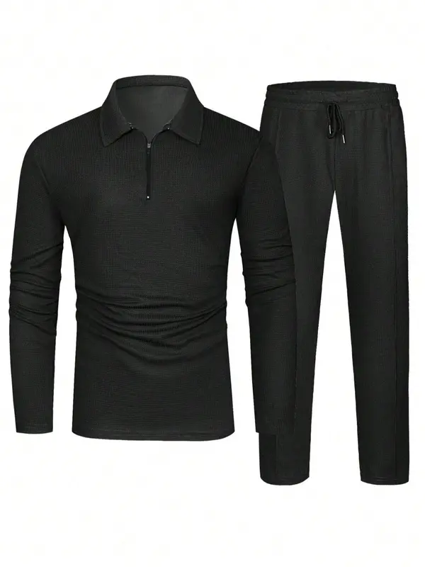 Men's Solid Textured Long Sleeve Polo Shirt & Drawstring Waist Pants Matching Sets
