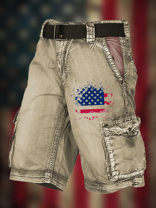 Men's Vintage Flag Independence Day Multi-Pocket Print Cargo Shorts (Belt Included)
