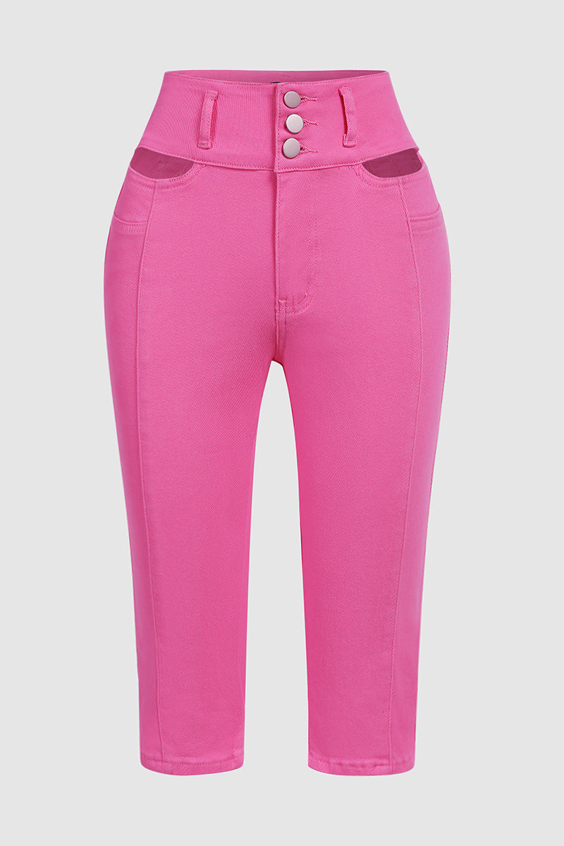 Solid Cut Out Waist Skinny High Waist Capri Jeans