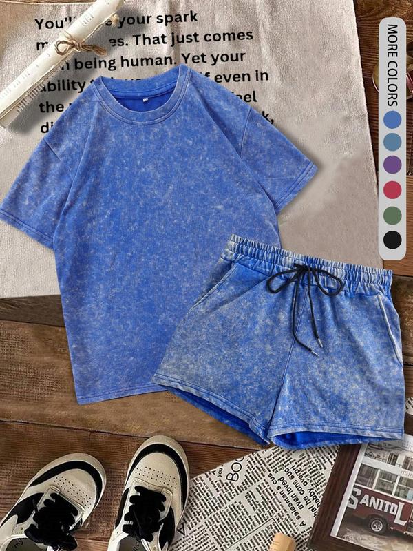 Two-piece Set Women's Solid Color Shortsleeve Tee & Denim-effect Print Shorts Cotton Set