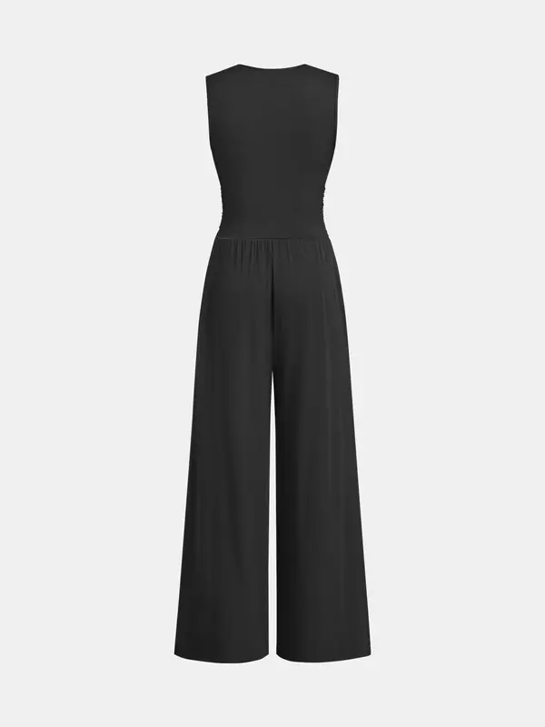 š„Flash Saleā” Deep V Neck Ruched Tank Jumpsuit, Sleeveless Wide Leg Jumpsuit, Women's Vacation & Holiday Wear for Evening Outfits on Holiday, Valentine's Day Gift for Girl