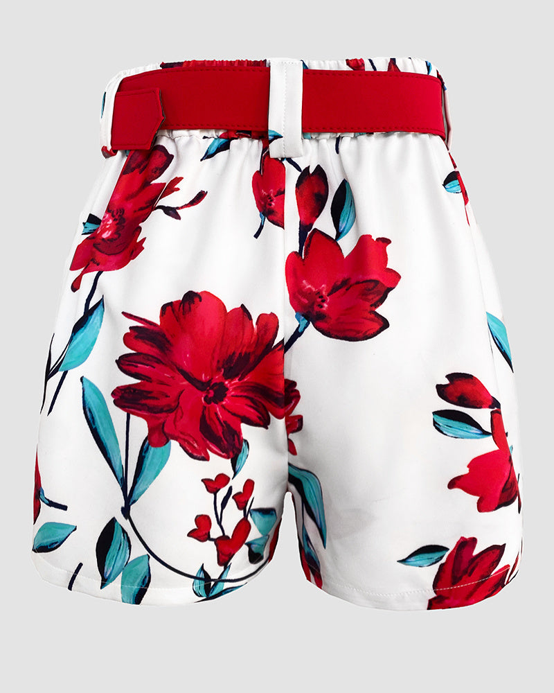 2 Pieces Outfits Notched Collar Long Sleeve Blazer & Floral Print Shorts Set With Belt