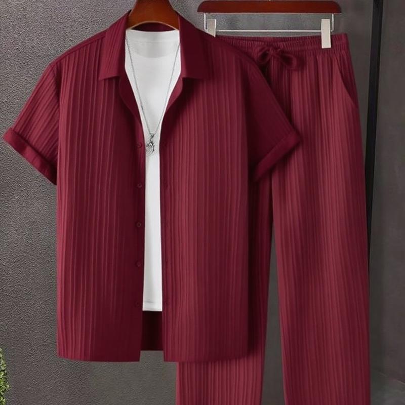 Men's 2pcs Button Front Maroon Shirt & Drawstring Pocket Pants Set