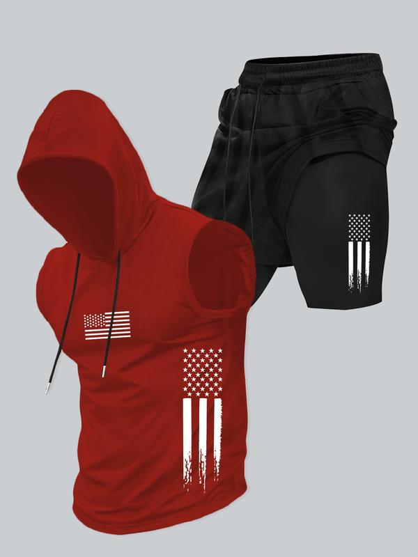 Season promotion--Two-piece Set Men's American Flag Print Hooded Tank Top & Shorts Set