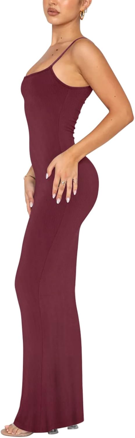 Women's Basic Sexy Lounge Slip Long Dress Elegant Sleeveless Backless Ribbed Bodycon Maxi Dresses