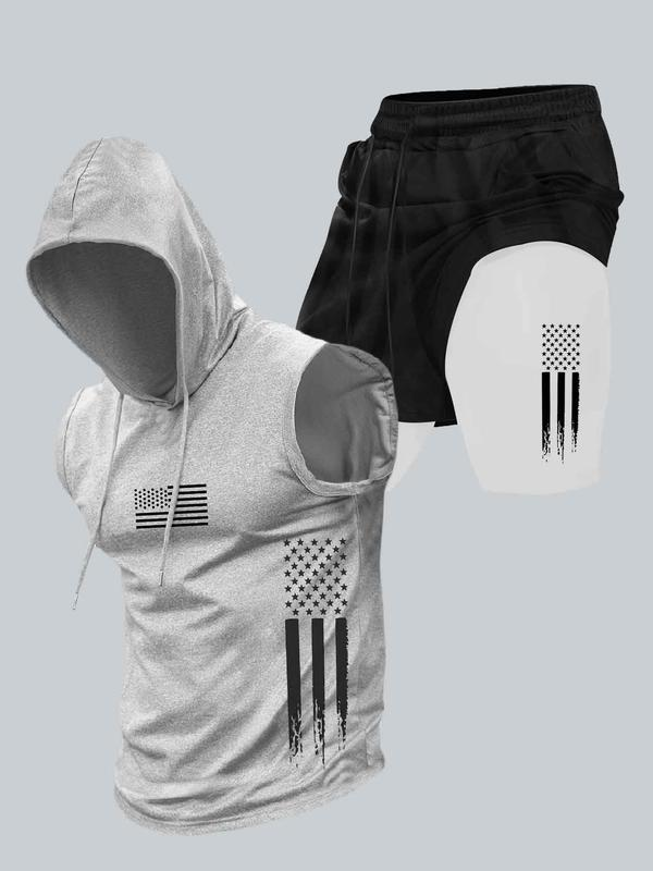 Season promotion--Two-piece Set Men's American Flag Print Hooded Tank Top & Shorts Set