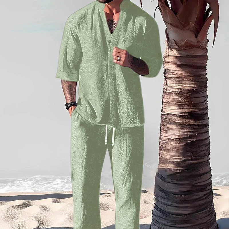 Men's two-piece set in cotton linen: top and trousers