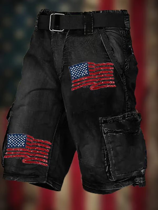 Men's Vintage Flag Independence Day Multi-Pocket Print Cargo Shorts (Belt Included)
