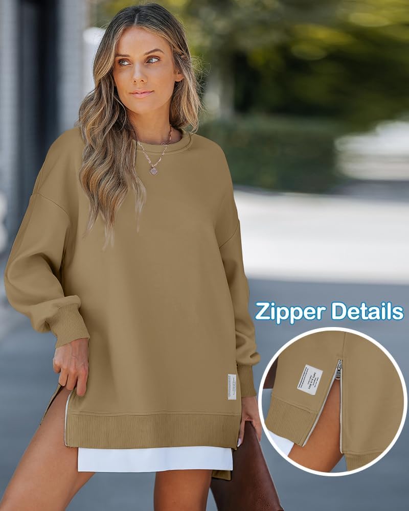 Womens Long Sleeve Zipper Slit Oversized Sweatshirt 2025 Casual Pullover Zipper Hoodies Fall Clothes