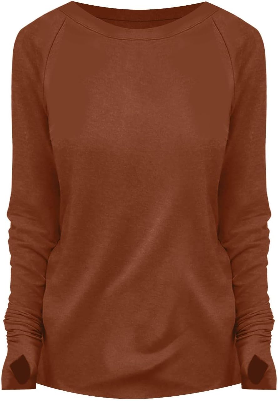 Womens Tunic Tops to Wear with Leggings Long Sleeve Thumb Hole Shirts Crew Neck Curved Hem Fall Winter Clothes