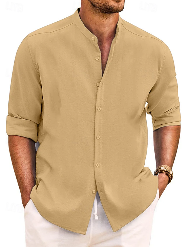 Men's Shirt Band Collar Shirt Summer Shirt Beach Wear Casual Shirt Button Up Shirt Plain Vacation Casual Black White Pink Green Long Sleeve Band Collar Spring & Summer Clothing Apparel