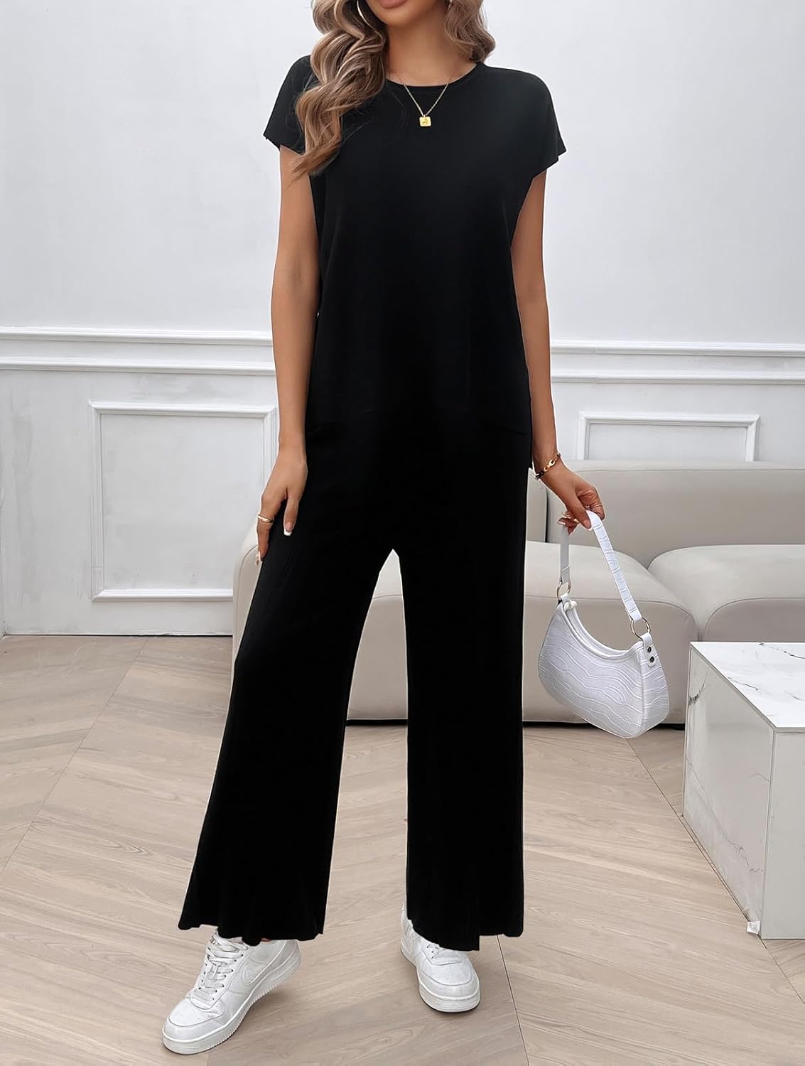 Womens 2 Pieces Lounge Sets Knit Sweater Sets Casual Cap Sleeve Tops with Wide Leg Pants Tracksuits