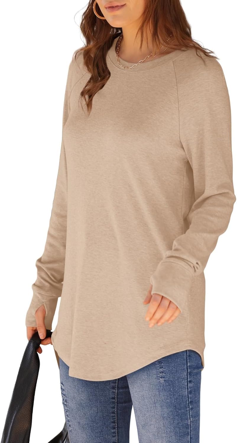 Womens Tunic Tops to Wear with Leggings Long Sleeve Thumb Hole Shirts Crew Neck Curved Hem Fall Winter Clothes