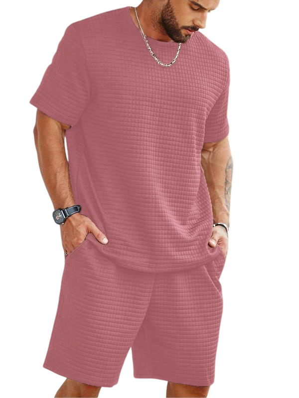 Two-Piece Set Men's Solid Waffle Knit Short Sleeve Tee & Pocket Shorts Set