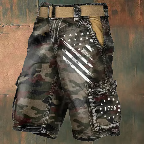 Men's Vintage Flag Independence Day Multi-Pocket Print Cargo Shorts (Belt Included)