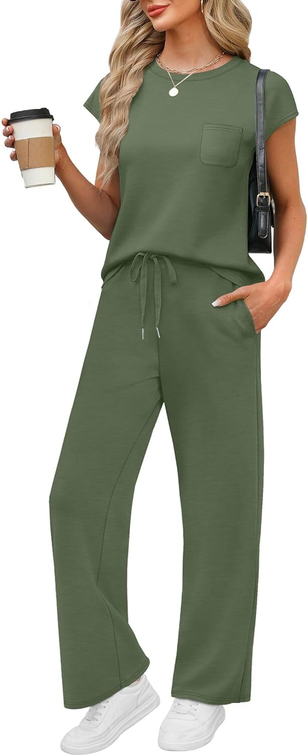 🔥 Hot selling model-2 Piece Sets for Women Casual Summer Travel Vacation Outfits Cap Sleeve Lounge Set