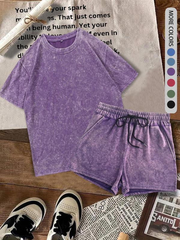 Two-piece Set Women's Solid Color Shortsleeve Tee & Denim-effect Print Shorts Cotton Set