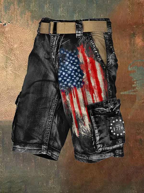 Men's Vintage Flag Independence Day Multi-Pocket Print Cargo Shorts (Belt Included)