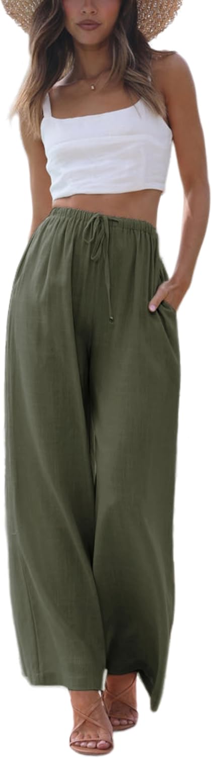 Women's Cotton Linen Summer Palazzo Pants Flowy Wide Leg Beach Trousers with Pockets
