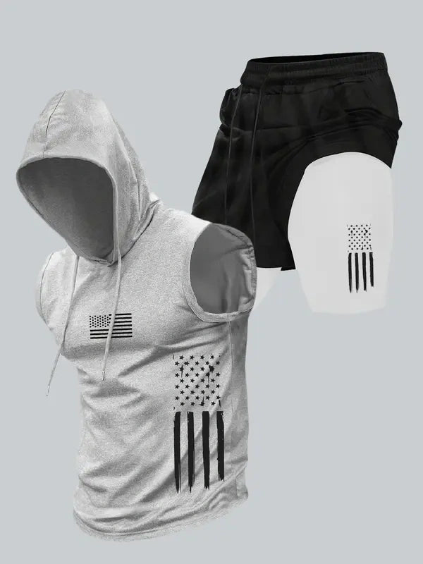 Season promotion--Two-piece Set Men's American Flag Print Hooded Tank Top & Shorts Set