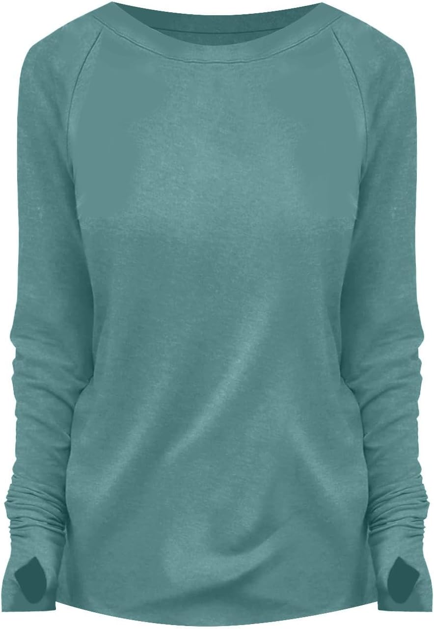 Womens Tunic Tops to Wear with Leggings Long Sleeve Thumb Hole Shirts Crew Neck Curved Hem Fall Winter Clothes