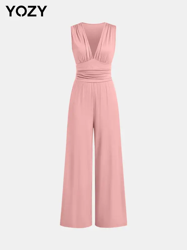 š„Flash Saleā” Deep V Neck Ruched Tank Jumpsuit, Sleeveless Wide Leg Jumpsuit, Women's Vacation & Holiday Wear for Evening Outfits on Holiday, Valentine's Day Gift for Girl